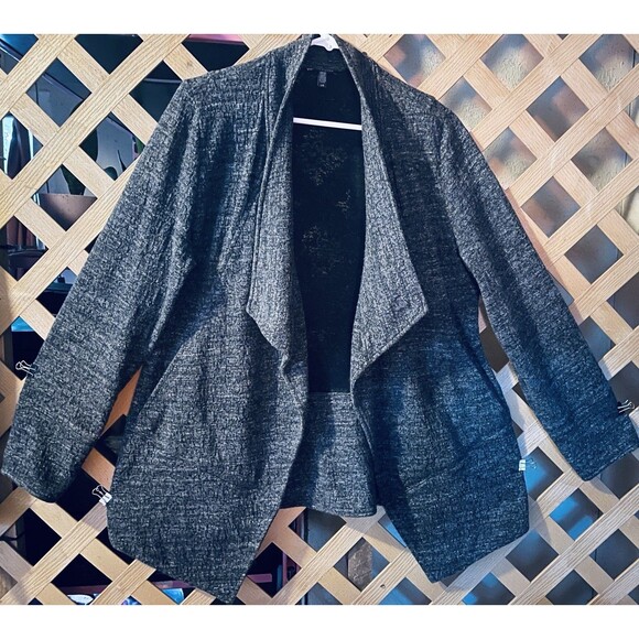 EILEEN FISHER Marled Dark Gray Draping Lagenlook Open Front Cardigan Sweater L - Picture 3 of 12